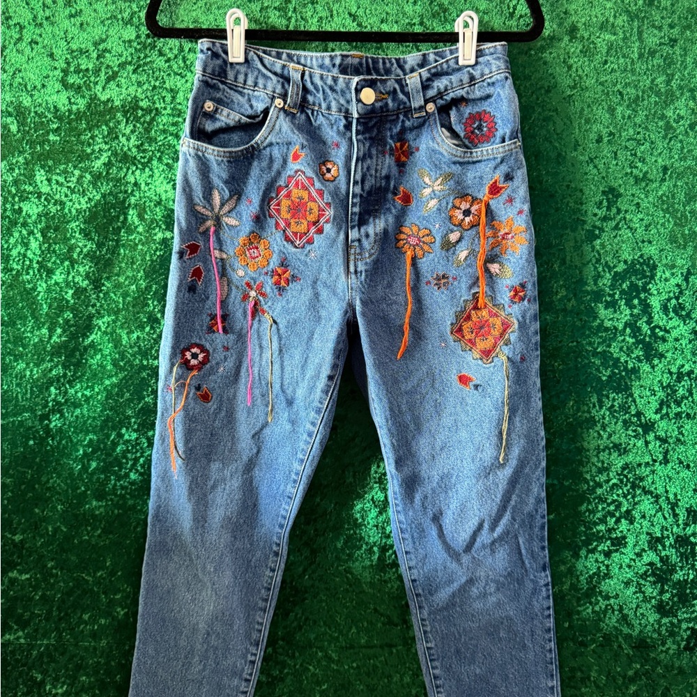Embroidered Floral Blue Jeans